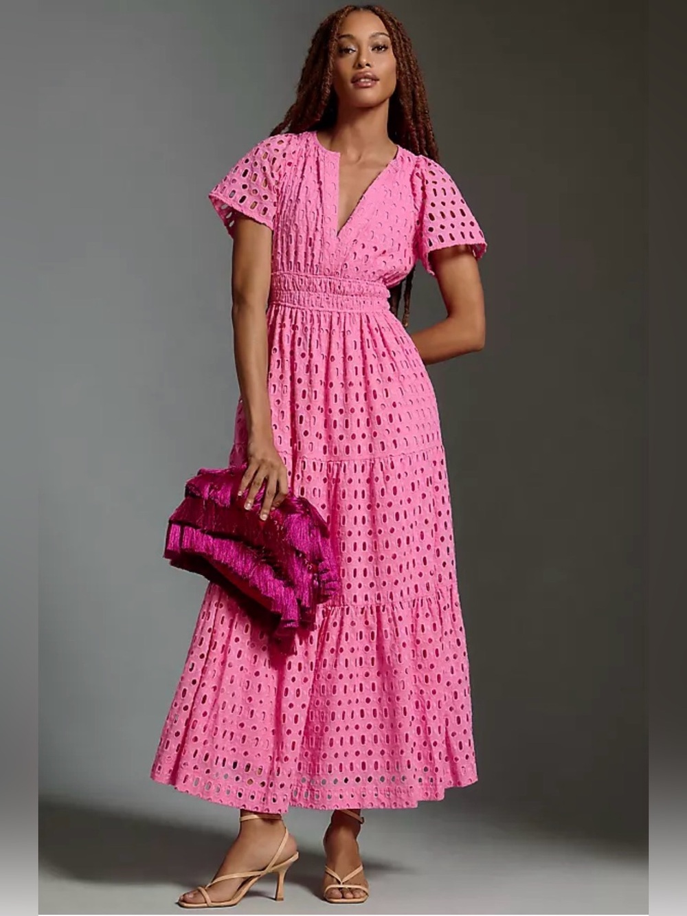 Anthropologie Somerset Pink Eyelet Maxi Dress SZ MP FEMININE LINED COMFY POCKETS